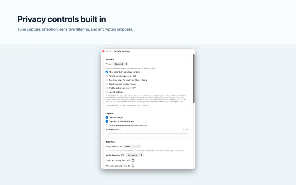 CoPaRe privacy and capture settings
